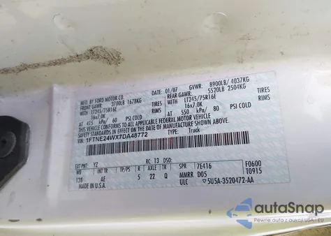 2007 Ford E-250 Commercial/Recreational from USA, damaged, VIN 1FTNE24WX7DA48772